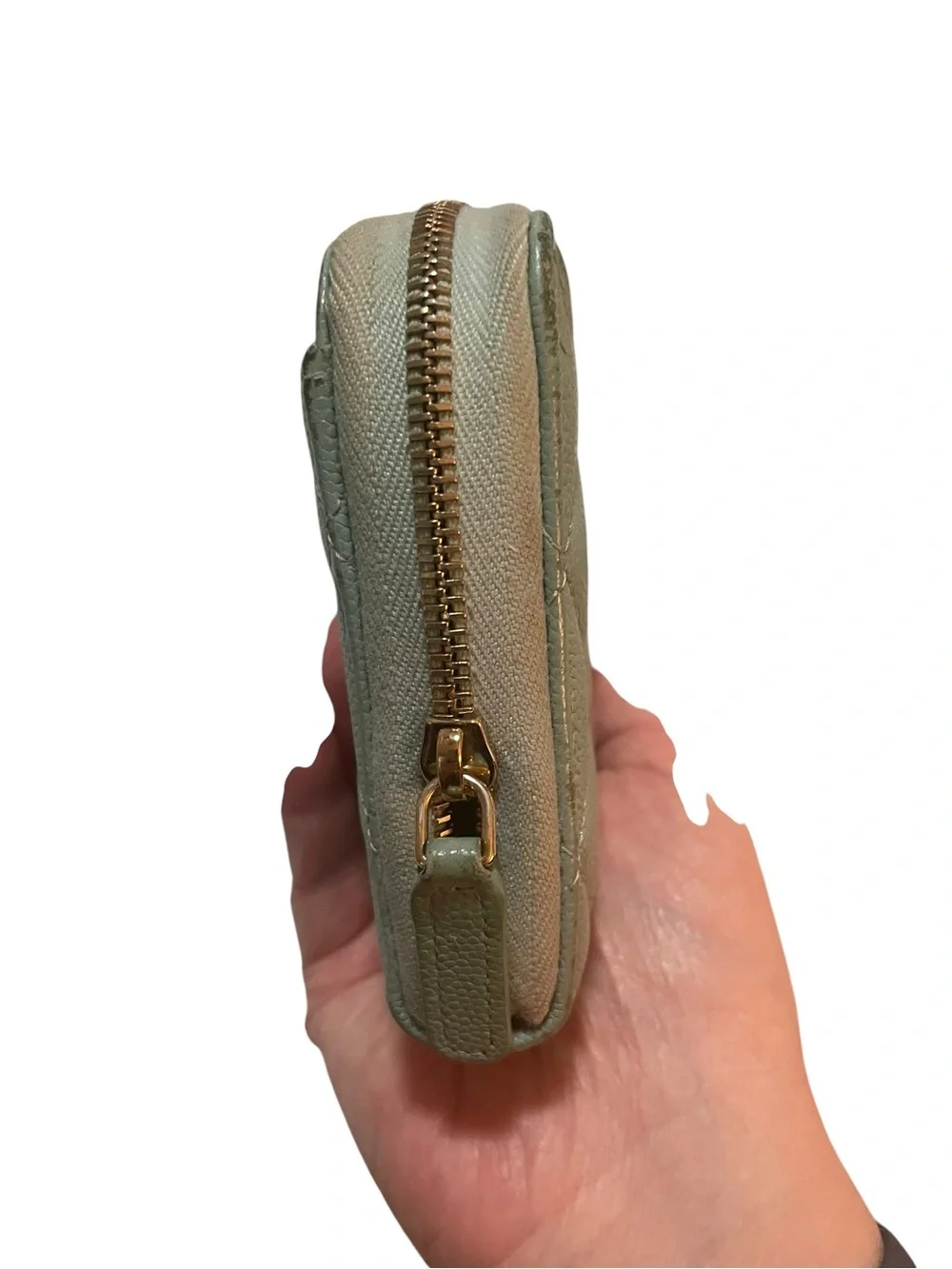 Authentic Chanel Mint Green Caviar Leather Classic Zip Around Wallet GHW